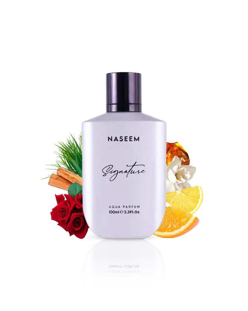 Signature-silver-aqua-parfum-bottle-surrounded-with-rose-and-orange-against-white-background.webp