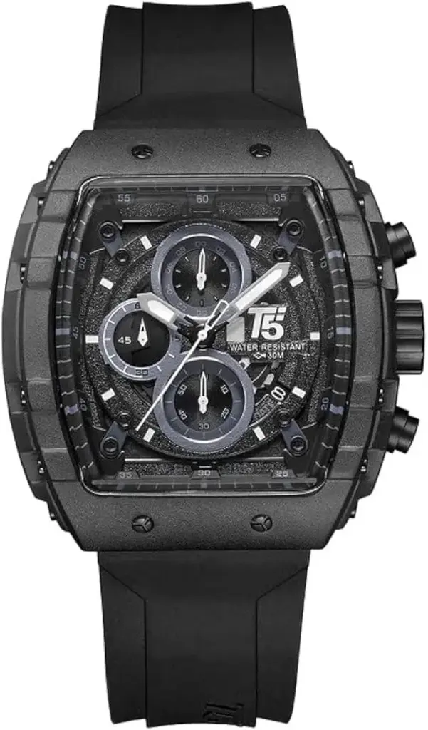 T5 WATCHES Men Quartz Silicone Strap Watch 22 Mm Black H3856G -ساعة كوارتز بحزام سيليكون 22 مم