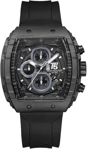T5 WATCHES Men Quartz Silicone Strap Watch 22 Mm Black H3856G -ساعة كوارتز بحزام سيليكون 22 مم